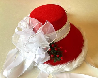 Handmade RED FELT FUR Victorian Bonnet, White Fur Trim, Mrs. Claus Costume