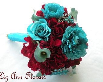 BURGUNDY, TURQUOISE Wedding Bouquet, BROOCH Bouquet , Bridal Turquoise Marsala Wedding Bouquet Brooch Bouquet, Jeweled Bridal BouquET