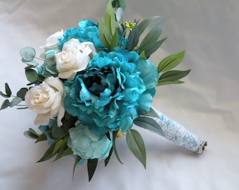 TURQUOISE WEDDING BOUQUET, Aqua, Cream, Lush Trendy Wedding,Bridal Bouquet, Ready to Ship