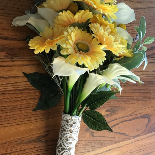 YELLOW, WHITE Lush, Large, BRIDE'S Arm Bouquet, sold Bride's Presentation Bouquet, Yellow Gerberas, White Calla Lilies, With Boutonniere