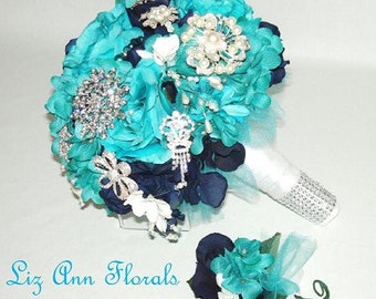 TURQUOISE, NAVY Wedding Bouquet, BROOCH Bouquet Turquoise, Blue Bridal Bouquet Brooch Bouquet, Jeweled Bridal Bouquet, With Boutonniere