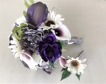 Dark  PURPLE  and Silver WEDDING BOUQUET, Bridal Bouquet, Real Touch Purple Picasso Calla Lilies , Real Touch Purple Roses, Silk Peonies