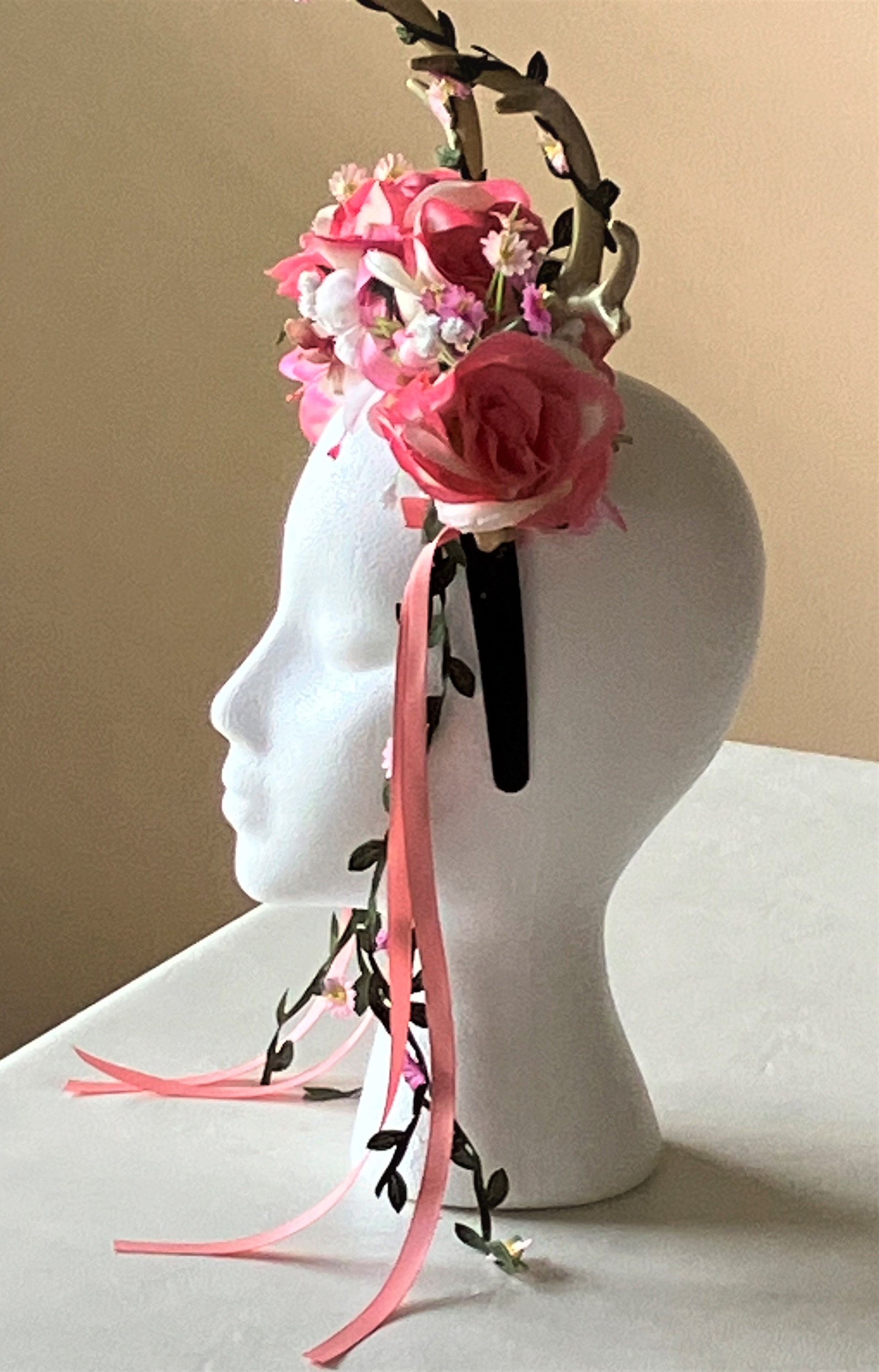 Floral Deer Antler Headband: Pink Roses, Renaissance Costume  display picture 3