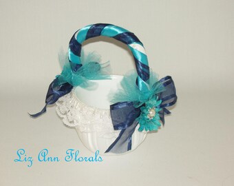 TURQUOISE, NAVY  FLOWER Girl Basket, Brooch Wedding Basket, Something Blue,  Wedding Accessories, Ready To Ship, Discounted 25%