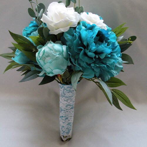 TURQUOISE WEDDING BOUQUET, Aqua, Cream, Lush Trendy shops Wedding,Bridal Bouquet, Ready to Ship