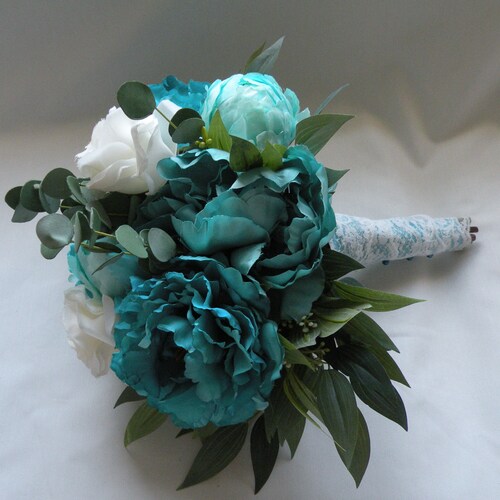 TURQUOISE WEDDING BOUQUET, Aqua, Cream, Lush Trendy shops Wedding,Bridal Bouquet, Ready to Ship