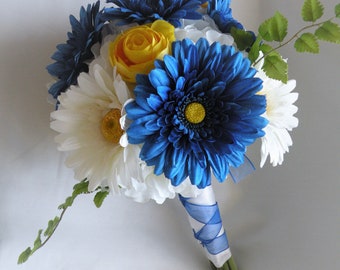 BLUE WEDDING Bouquet, Cobalt Blue Gerberas, Yellow and White, Lush Trendy Wedding, Ready To Ship, Includes Boutonniere