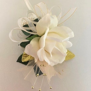 Ivory Rose Corsage Boutonniere Set: Gold Wedding Anniversary Accessories