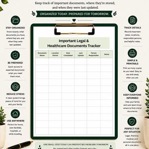May include: A printable Important Legal & Healthcare Documents Tracker form on a clipboard with a dark green border. The document features a grid for tracking document names, storage locations, dates, updates, responsible persons, and notes.