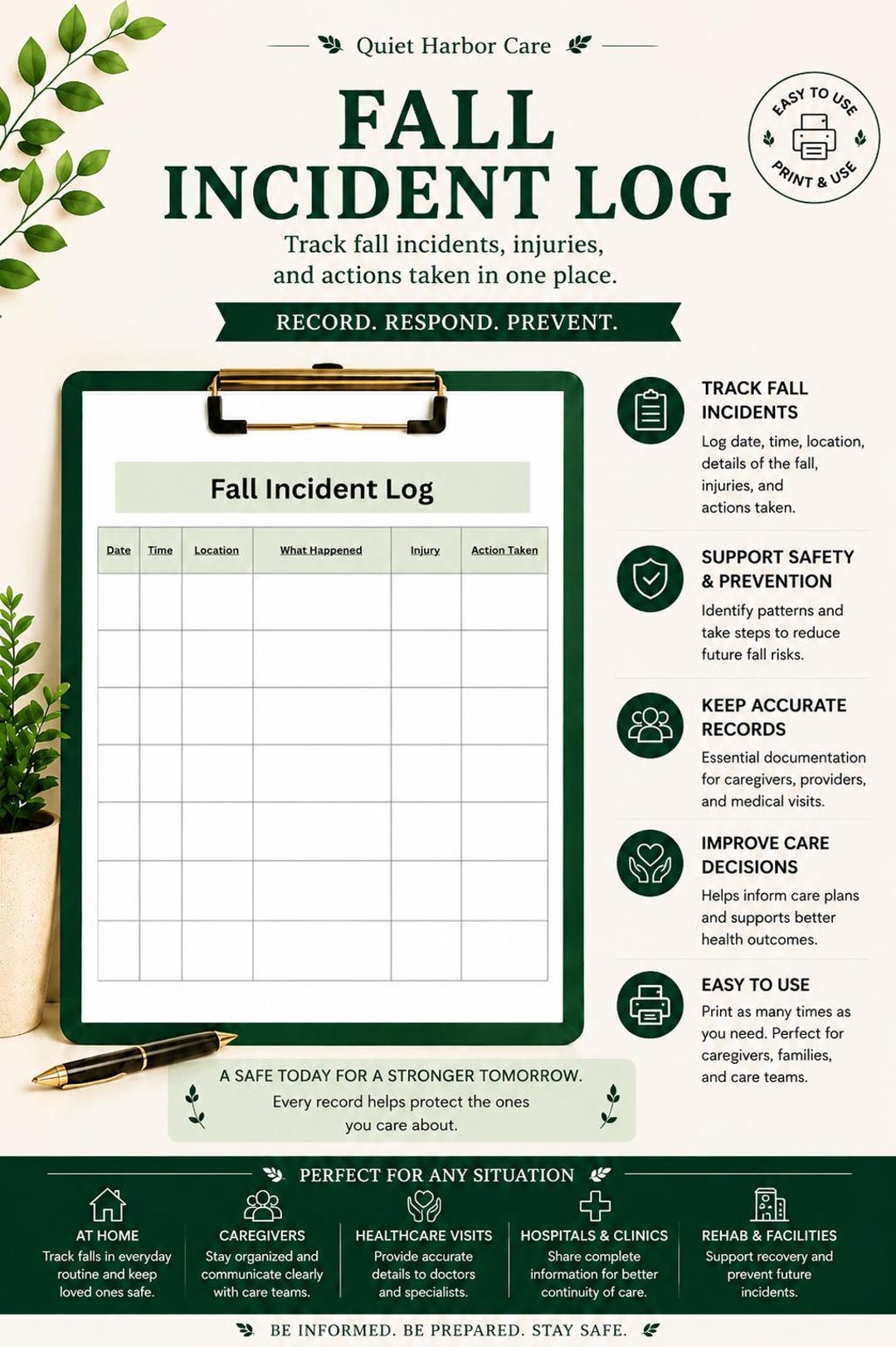 Fall Tracker Form Fall Incident Log Printable PDF | Caregiver Fall Tracker | Senior Fall ...