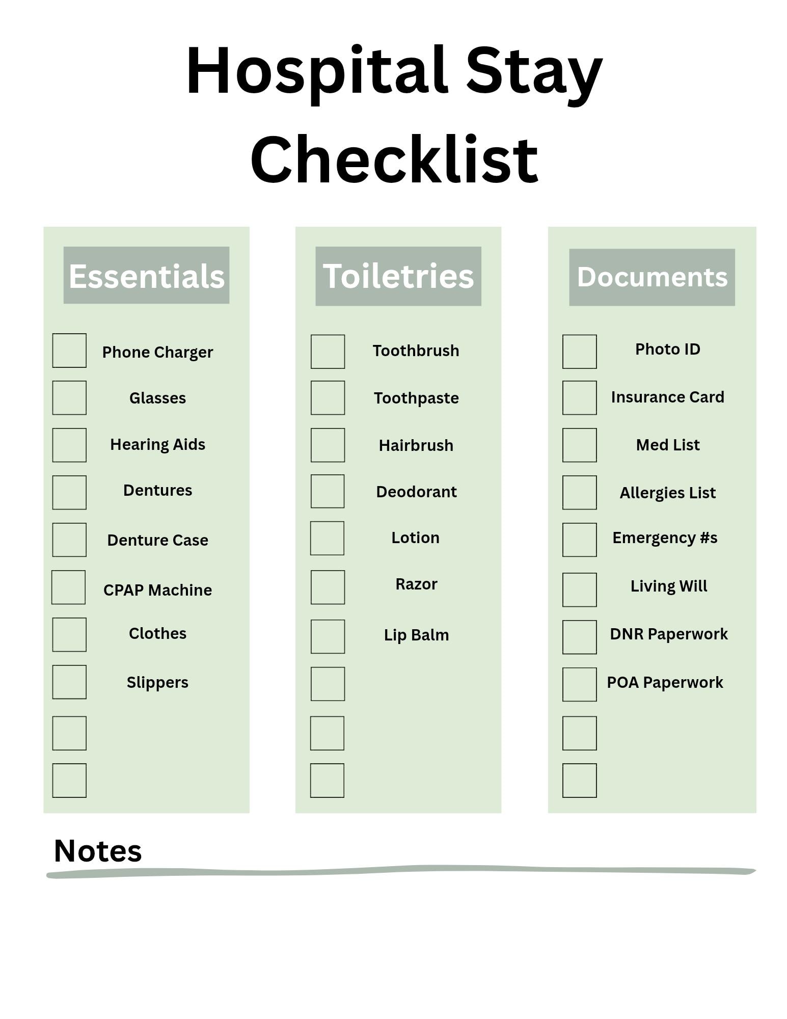 Hospital Stay Checklist Printable for Elderly Parents | Emergency Bag ...