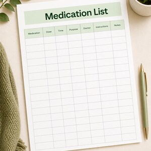 Puede incluir: Una lista de medicamentos imprimible en blanco con un encabezado verde claro. El encabezado dice "Lista de medicamentos" en texto verde oscuro. La lista incluye columnas para medicamentos, dosis, hora, propósito, médico, instrucciones y notas. También se ve un bolígrafo verde y una pequeña planta en maceta.
