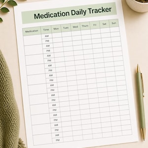 Op de afbeelding: Een witte Medication Daily Tracker-sheet met een lichtgroene koptekst. De tracker bevat kolommen voor medicatie, tijd en dagen van de week. Een groene pen ligt aan de rechterkant van het blad.