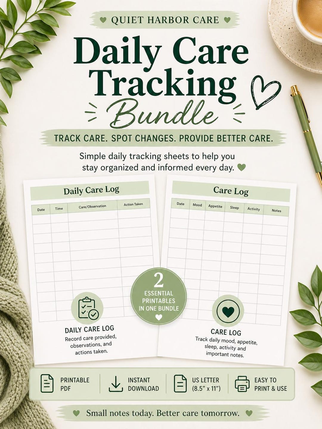Daily Care Log Bundle Printable | Caregiver Tracking Sheets | Daily ...