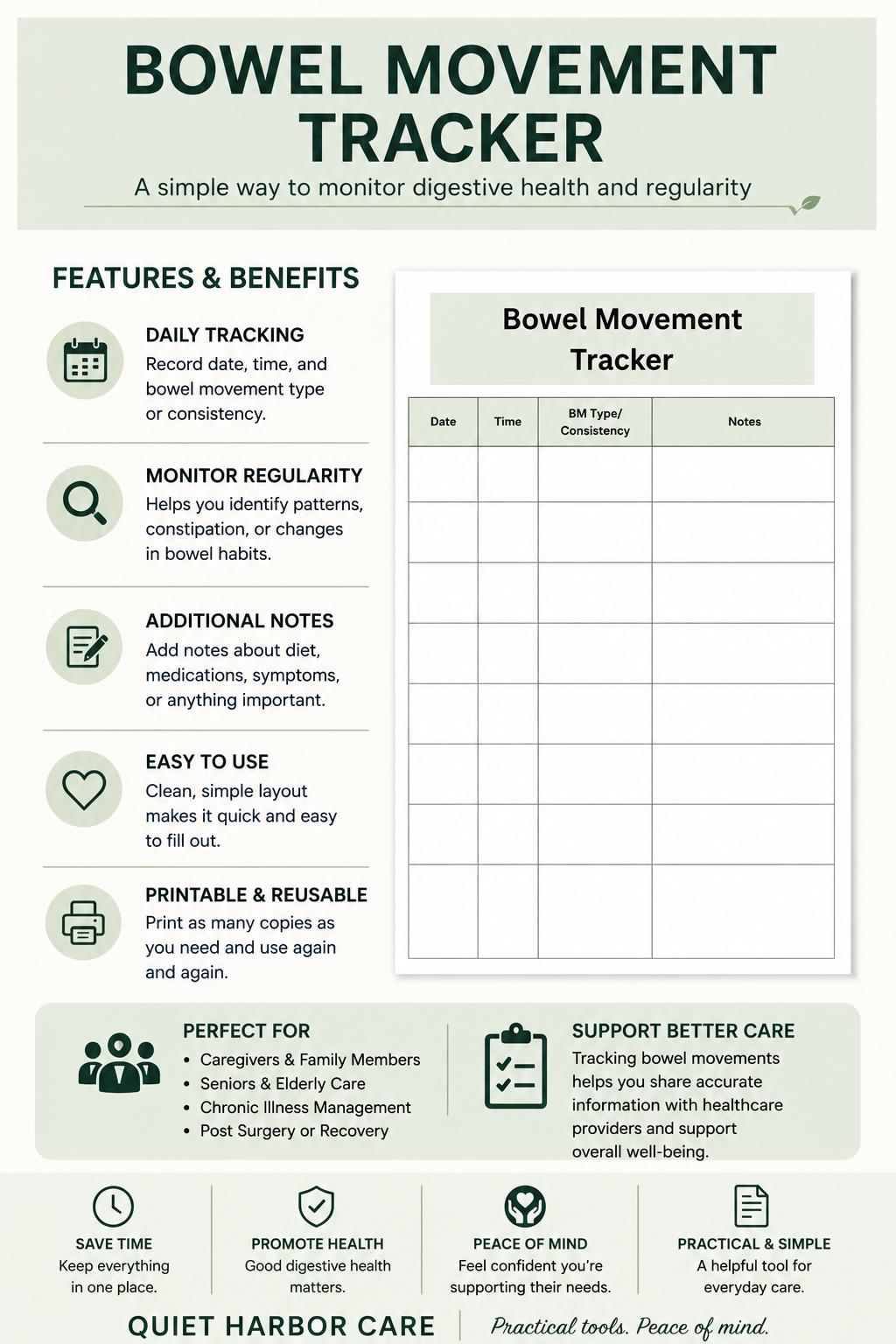 Bowel Movement Tracker Printable PDF | Caregiver Bathroom Log | BM ...