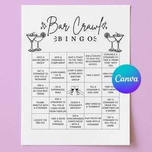 Può includere: Un cartoncino bianco del gioco del Bingo Bar Crawl con testo e illustrazioni neri. Il cartoncino presenta una griglia di attività, tra cui "Individua un gruppo di addio al nubilato" e "Fai un selfie con uno sconosciuto". Il logo Canva è visibile.
