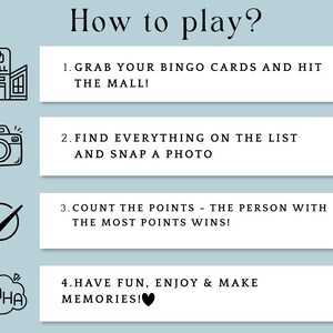 May include: A light blue graphic with the text "How to play?" and instructions for a game. The steps include grabbing bingo cards, finding items, counting points, and having fun. Illustrations of a mall, camera, checkmark, and speech bubble are included.
