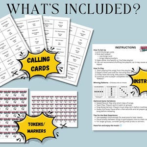 May include: A game set with calling cards, tokens, and instructions. The calling cards are white with black text, and the tokens feature a headphone graphic. The instructions are on a white background with black text and a logo.