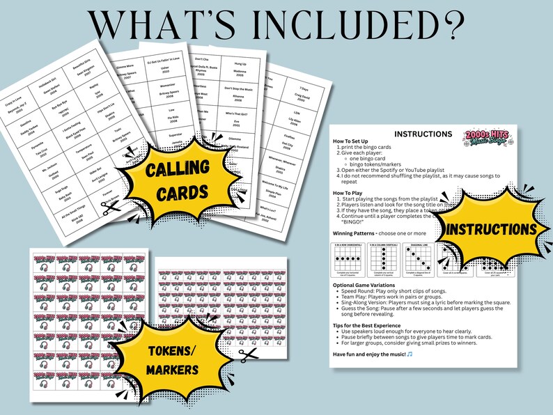 May include: A game set with calling cards, tokens, and instructions. The calling cards are white with black text, and the tokens feature a headphone graphic. The instructions are on a white background with black text and a logo.