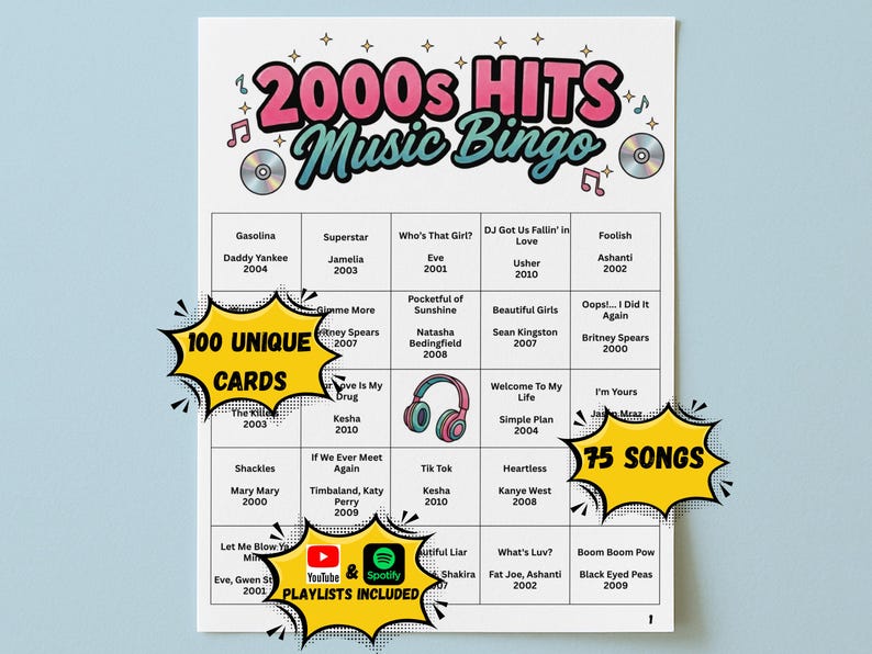 May include: A 2000s Hits Music Bingo game sheet with song titles and artists. The sheet includes 100 unique cards and 75 songs. The design features musical notes, CDs, and the text "Playlists Included".