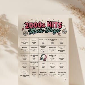 May include: A 2000s Hits Music Bingo game card with a retro design. The card features a grid of song titles and artists from the 2000s, with the title "2000s Hits Music Bingo" in pink and teal. Includes musical notes and a headphone graphic.