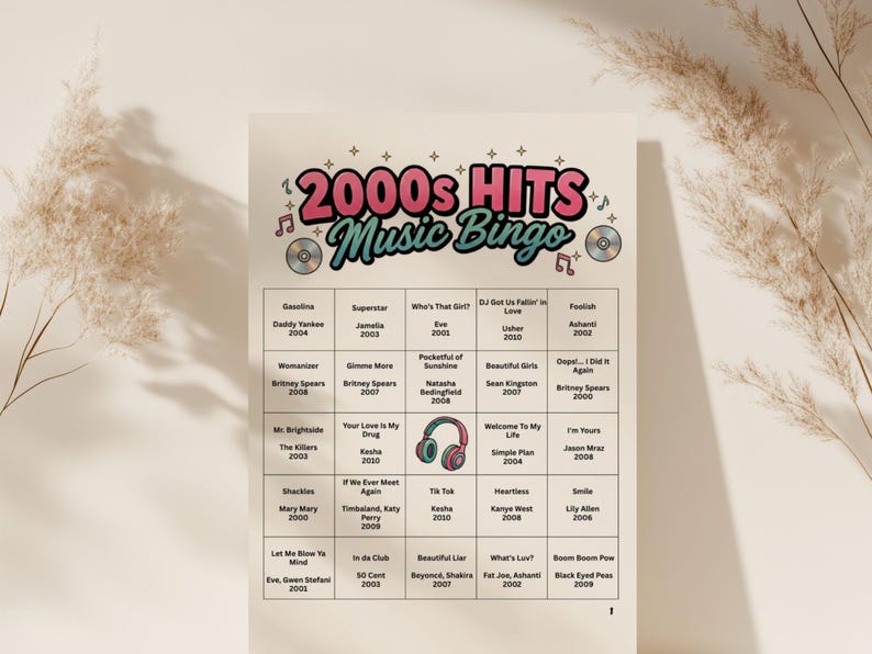 May include: A 2000s Hits Music Bingo game card with a retro design. The card features a grid of song titles and artists from the 2000s, with the title "2000s Hits Music Bingo" in pink and teal. Includes musical notes and a headphone graphic.