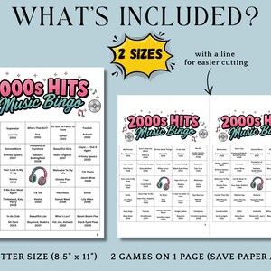May include: Two-page spread of 2000s Hits Music Bingo game sheets. The design features a pink and green color scheme with musical notes and headphones. The text includes song titles and artist names from the 2000s.