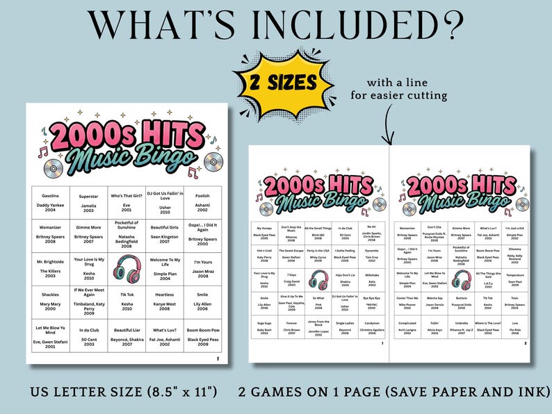 May include: Two-page spread of 2000s Hits Music Bingo game sheets. The design features a pink and green color scheme with musical notes and headphones. The text includes song titles and artist names from the 2000s.