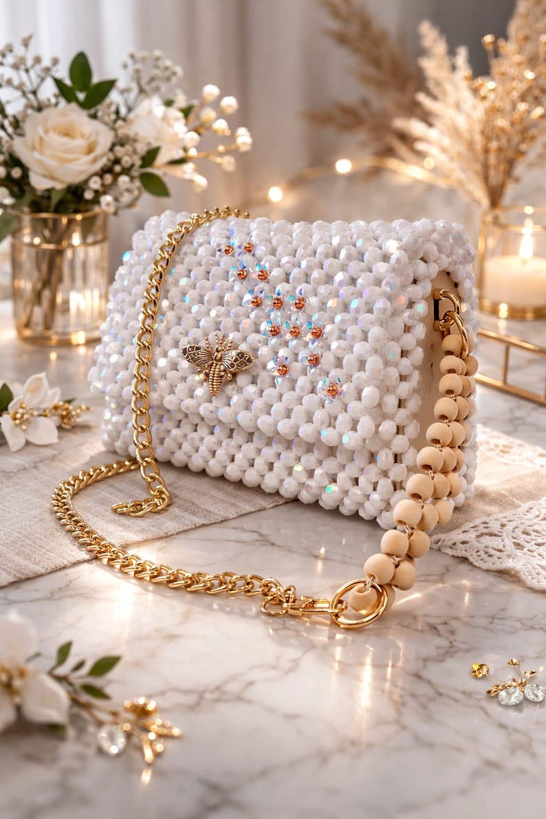 Peut inclure: Un sac &agrave; main blanc perl&eacute; avec une bandouli&egrave;re en cha&icirc;ne dor&eacute;e et une poign&eacute;e en perles de bois. Le sac pr&eacute;sente un embl&egrave;me d'abeille dor&eacute; et est orn&eacute; de perles iris&eacute;es. Le sac est pos&eacute; sur une surface en marbre.