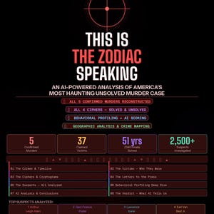 May include: A graphic with the text "THIS IS THE ZODIAC SPEAKING" and details of an AI-powered analysis of the Zodiac killer case. The image includes statistics on murders, victims, and suspects, along with a timeline and suspect analysis.