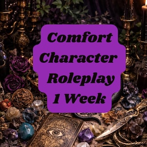 Peut inclure: Une scène mystique avec des bougies allumées, un jeu de cartes avec un symbole d'œil et divers cristaux. Le texte "Comfort Character Roleplay 1 Week" est affiché sur un fond violet. L'ambiance est sombre et gothique.