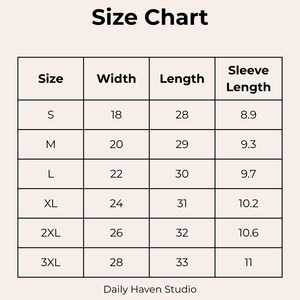 May include: A black and white size chart for apparel with the title Size Chart and the brand name Daily Haven Studio at the bottom. The table lists sizes S through 3XL with corresponding width, length, and sleeve length measurements in inches.