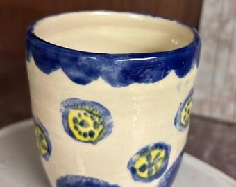 Ceramic handmade, hand glazed whimsical cup design. dishwasher and microwave safe