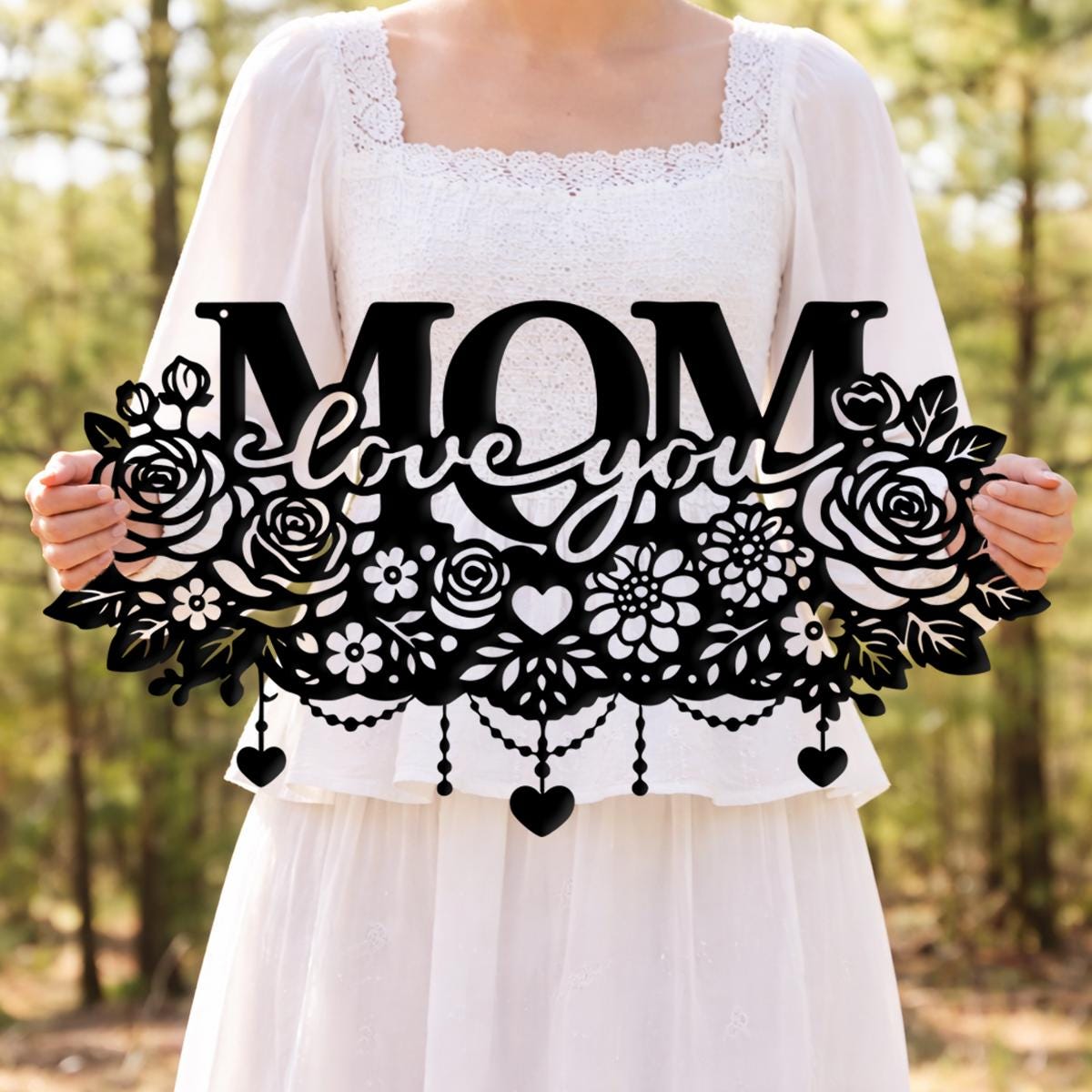 Mom Metal Sign Mom Metal Wall Art Love You Sign | Floral Mom Sign With Hanging Hearts ...