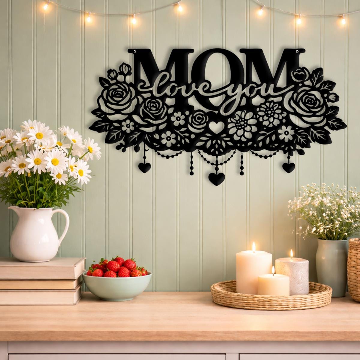 Mom Metal Sign Mom Metal Wall Art Love You Sign | Floral Mom Sign With Hanging Hearts ...