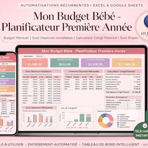 Puede incluir: Un planificador digital rosa para el primer año del bebé, que se muestra en un portátil y un smartphone. El planificador incluye seguimiento del presupuesto, seguimiento de gastos y cálculos de la licencia parental. El texto dice "Mon Budget Bébé - Planificateur Première Année."
