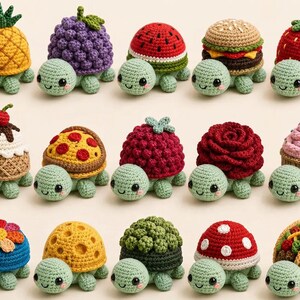May include: A collection of fifteen small, crocheted turtle figurines, each featuring a unique shell design inspired by various foods and flowers, including a pineapple, grapes, watermelon, burger, strawberry, ice cream, pizza, and a taco.