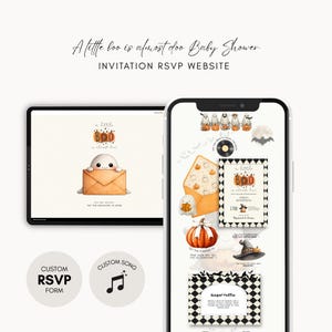 May include: A digital baby shower invitation website displayed on a tablet and smartphone. The design features a ghost, pumpkins, and bats with the text A little BOO is almost due. The interface includes an envelope, RSVP form, and custom song icon.
