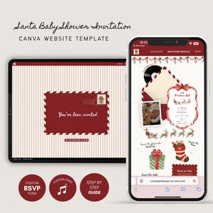 Puede incluir: Una plantilla de invitación digital para baby shower con temática de Santa Claus mostrada en una tableta y un teléfono inteligente. El diseño presenta rayas rojas y blancas, un sobre rojo con el texto You've been invited y gráficos festivos que incluyen un trineo, renos y un calcetín navideño.