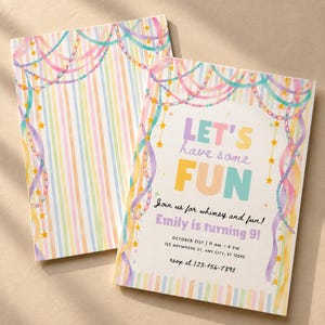 May include: Two rectangular party invitations featuring a watercolor design of pastel striped borders, hanging garlands, and yellow stars. The front card displays the text: LET'S have some FUN, Join us for whimsy and fun! Emily is turning 9!