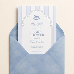 Toile Boy Baby Shower Invitation, Editable Canva Template, Watercolor Invite, Blue Vintage Rocking Horse Evite Boy Digital Invite