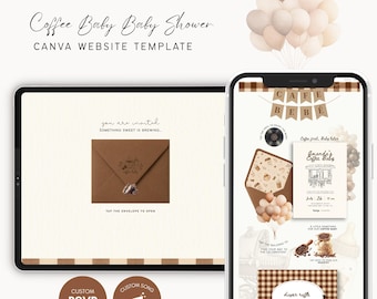 May include: A digital baby shower website template featuring a coffee theme displayed on a tablet and smartphone. The design includes brown envelopes, coffee-related illustrations, a diaper raffle card, and text reading Coffee Baby Baby Shower.