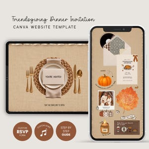 Puede incluir: Una plantilla de sitio web Canva para invitación a cena de Friendsgiving mostrada en una tableta y un teléfono inteligente. La tableta muestra un cubierto con plato y sobre. El teléfono muestra detalles del evento, una calabaza y RSVP.