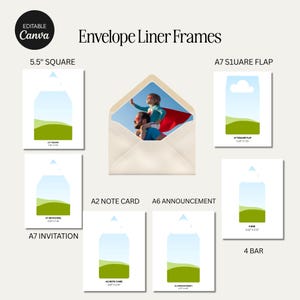 Op de afbeelding: Een digitale sjablonenset genaamd Envelope Liner Frames met diverse vormen, waaronder 5,5 inch vierkant, A7 vierkante flap, A7 uitnodiging, A2 notitiekaart, A6 aankondiging en 4 bar formaten. Een centrale envelop toont een foto van een persoon met een kind.