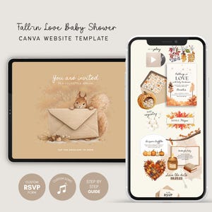 Puede incluir: Una plantilla de sitio web para baby shower con temática otoñal, una ardilla con un sobre, hojas de otoño, calabazas y texto que incluye Fall-in Love Baby Shower, You are invited y RSVP. El diseño se muestra en una tableta y un teléfono inteligente.