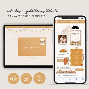 Puede incluir: Una plantilla de sitio web digital para Thanksgiving Gathering en Canva mostrada en una tableta y un teléfono inteligente. Las pantallas muestran un sobre de invitación, una página de evento Friendsgiving con fotos, un menú y un botón RSVP.
