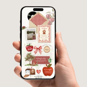 Puede incluir: Una plantilla de invitación digital en la pantalla de un teléfono inteligente con un sobre de cuadros rojos y blancos, una tarjeta de baby shower con temática de manzana, un lazo rojo, un buzón y varias ilustraciones de manzanas con texto.