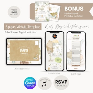 Puede incluir: Un conjunto de plantillas de invitación digital para baby shower con ilustraciones de dinosaurios, que incluye una tarjeta imprimible a doble cara, una plantilla de sitio web de tres páginas con formulario RSVP y el tema 'Baby Boy is hatching soon'.