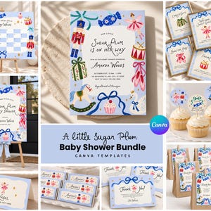 Nutcracker Baby Shower Bundle, Sugar Plum Invitations, Signs & 50 Games, Editable Canva Templates