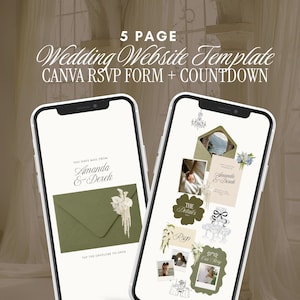 Puede incluir: Dos teléfonos inteligentes que muestran una plantilla de sitio web de bodas de 5 páginas. Las pantallas presentan un gráfico de sobre verde oliva, formularios RSVP, cuentas regresivas y el texto Amanda & Derek, con detalles florales.